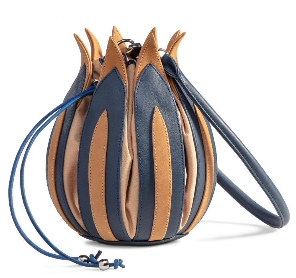 By-Lin Tulip Leather Bag - Blue Cognac, Camel Lining