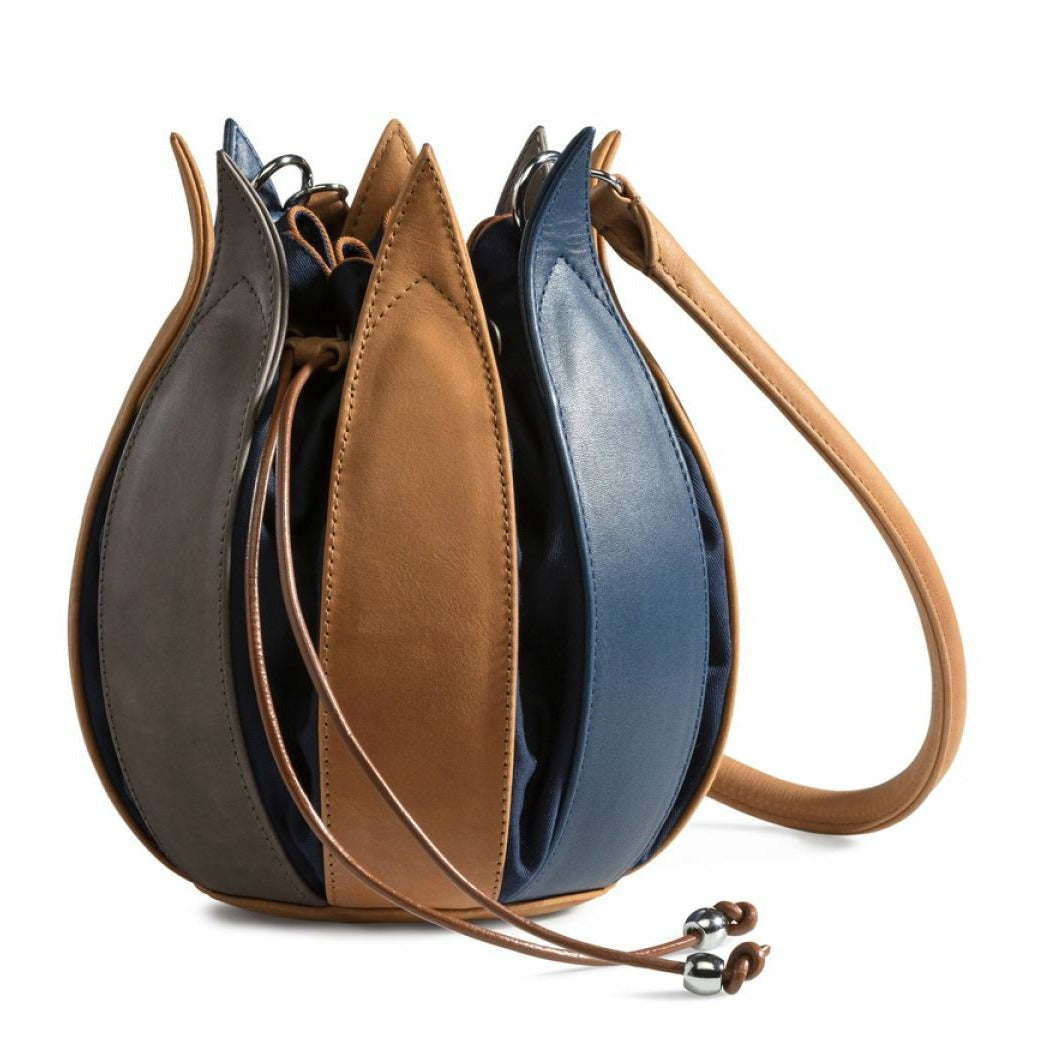 By-Lin Tulip Leather Bag - Blue Cognac Grey, Navy Lining