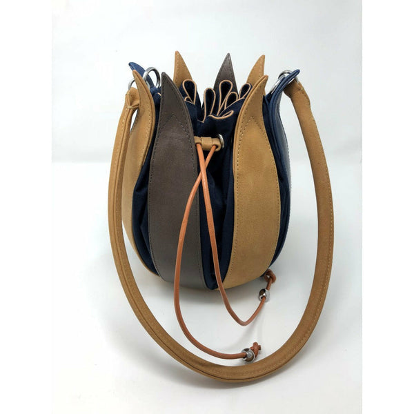 By-Lin Tulip Leather Bag - Blue Cognac Grey, Navy Lining