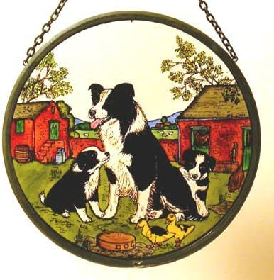 Hand Painted Stained Glass Roundel - Collie Dog and Pups (6")