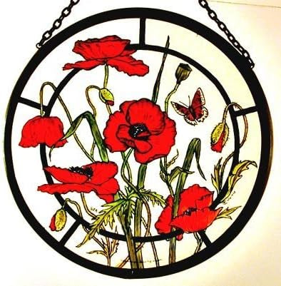 Hand Painted Stained Glass Roundel - Meadow Poppies (6")