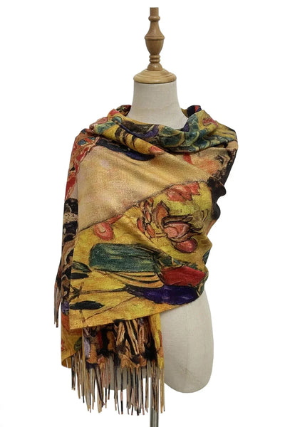 Klimt Lady with Fan Print Wool Tassel Scarf
