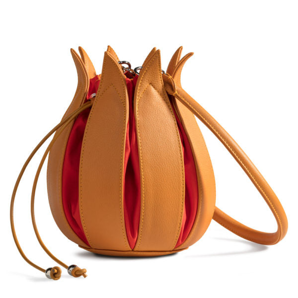 Leather Tulip Bag - Cognac with Orange Lining