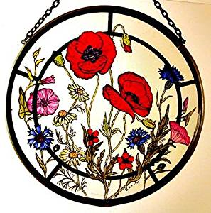 Hand Painted Stained Glass Roundel - Cornfield Poppies (6")
