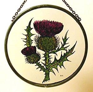 Hand Painted Stained Glass Roundel - Thistle (6")