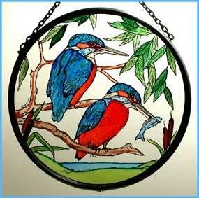 Hand Painted Stained Glass Roundel - Kingfisher (6")