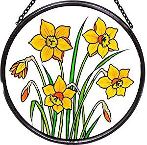 Hand Painted Stained Glass Roundel - Daffodils (6")