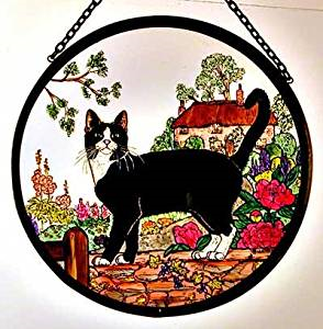Hand Painted Stained Glass Roundel - Cottage Garden Cat (6")