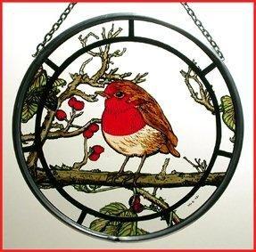 Hand Painted Stained Glass Roundel - Fat Robin (6")