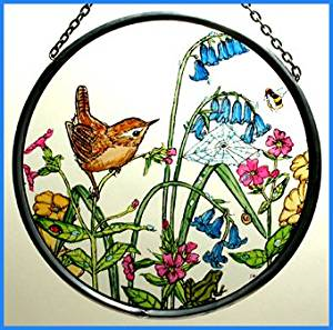 Hand Painted Stained Glass Roundel - Wren in Bluebells (6")