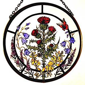 Hand Painted Stained Glass Roundel - Scottish Flowers (6")