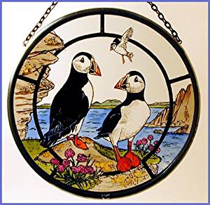 Hand Painted Stained Glass Roundel - Puffins (6")