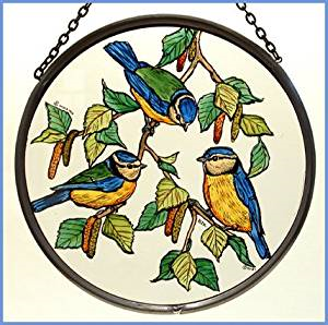 Hand Painted Stained Glass Roundel - Blue Tits (6")