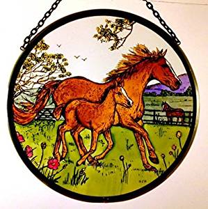 Hand Painted Stained Glass Roundel - Horse and Foal (6")