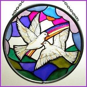 Hand Painted Stained Glass Roundel - Doves of Peace (6")