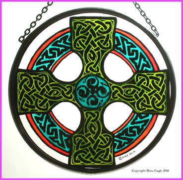 Hand Painted Stained Glass Roundel - Celtic Cross - Green and Orange (6")