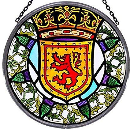 Hand Painted Stained Glass Roundel - Scottish Lion and Thistles (6")