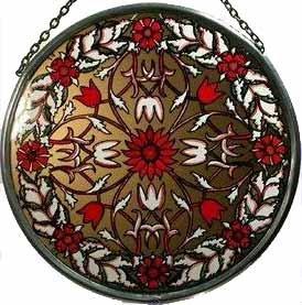 Hand Painted Stained Glass Roundel - William Morris Garland - Red (6")