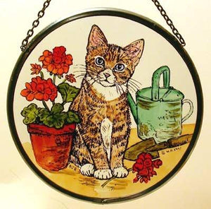Hand Painted Stained Glass Roundel - Kitten and Geranium (6")