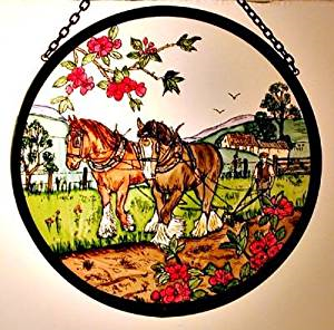 Hand Painted Stained Glass Roundel - Autumn Ploughing (6")