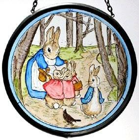 Hand Painted Stained Glass Roundel - Beatrix Potter Mrs Rabbit with Flopsy Bunnies and Peter in the woods (5")