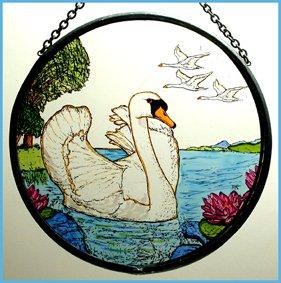 Hand Painted Stained Glass Roundel - Mute Swans (6")