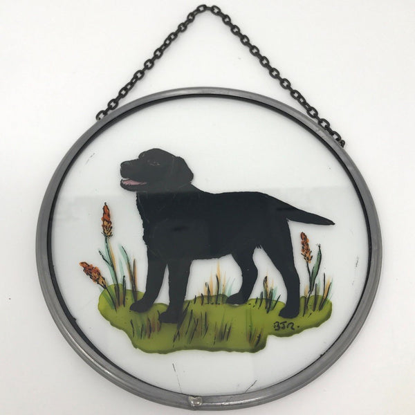 Hand Painted Stained Glass Roundel - Black Labrador (6")