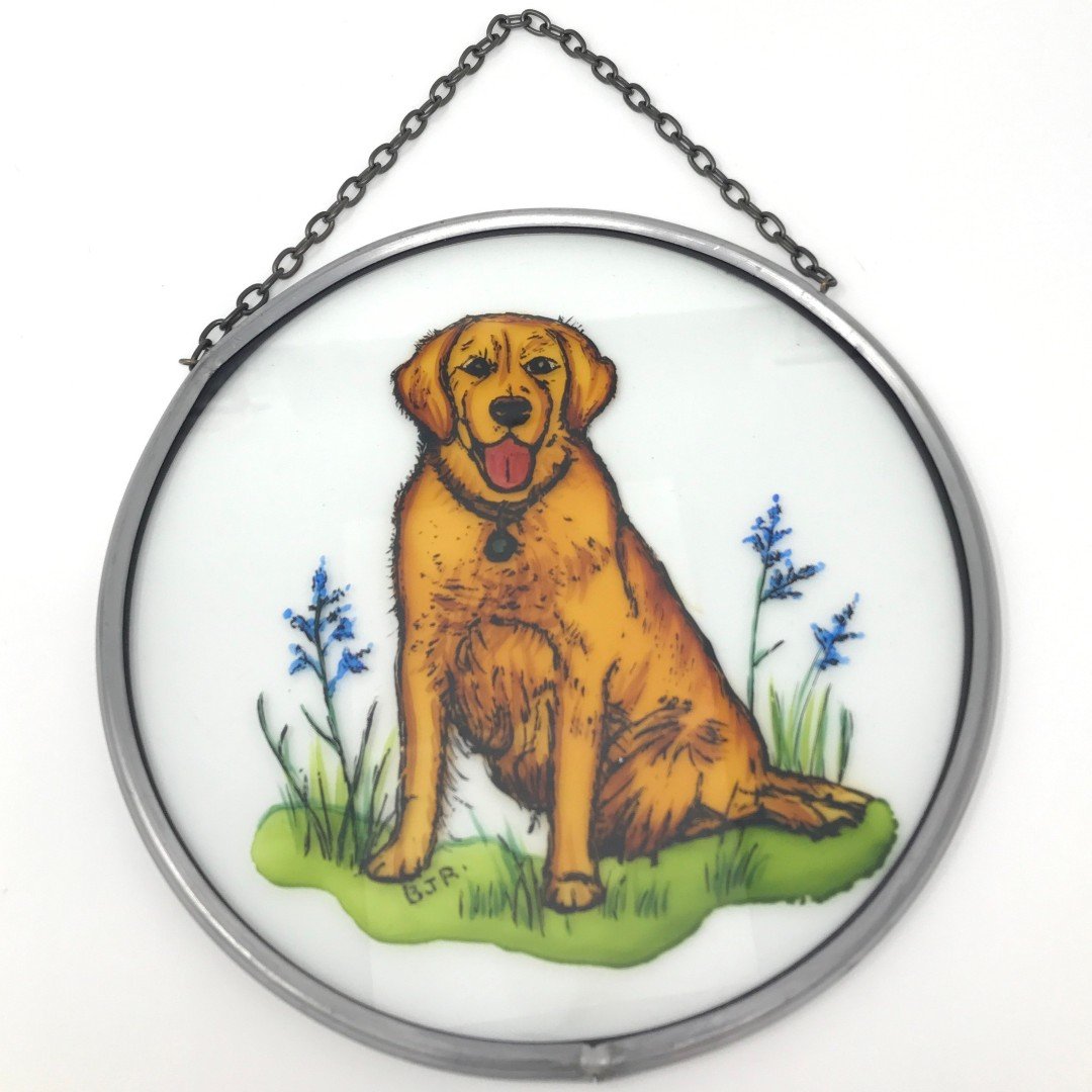 Hand Painted Stained Glass Roundel - Golden Retriever (6")
