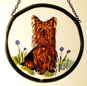 Hand Painted Stained Glass Roundel - Yorkshire Terrier (6")