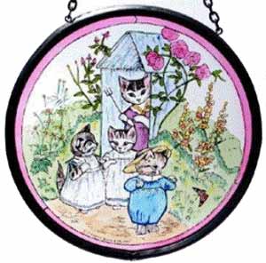 Hand Painted Stained Glass Roundel - Beatrix Potter Tom Kitten (5")