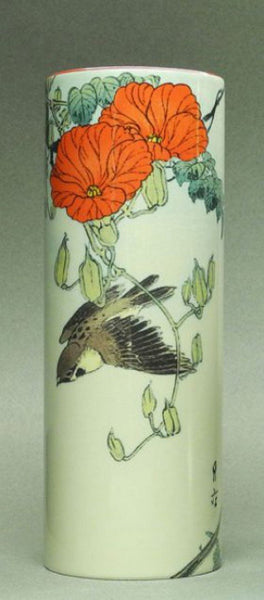 Ceramic Art Vase Medium - Gesso Yoshimoto - Sparrow with Red Flowers VAM03GES