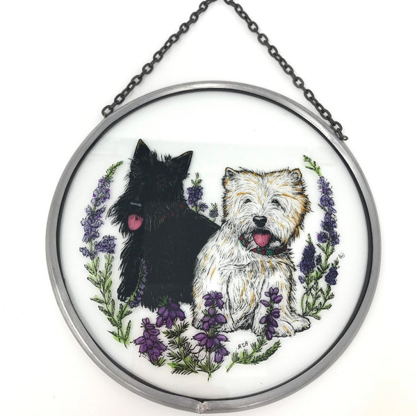 Hand Painted Stained Glass Roundel - Scottie and Westie (6")