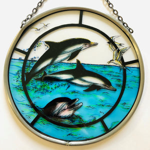 Hand Painted Stained Glass Roundel - Cheerful Dolphins (6")