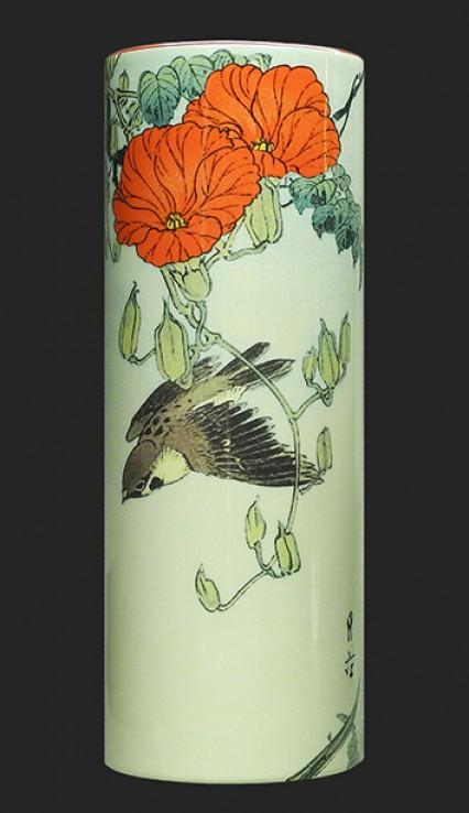 Ceramic Art Vase Medium - Gesso Yoshimoto - Sparrow with Red Flowers VAM03GES